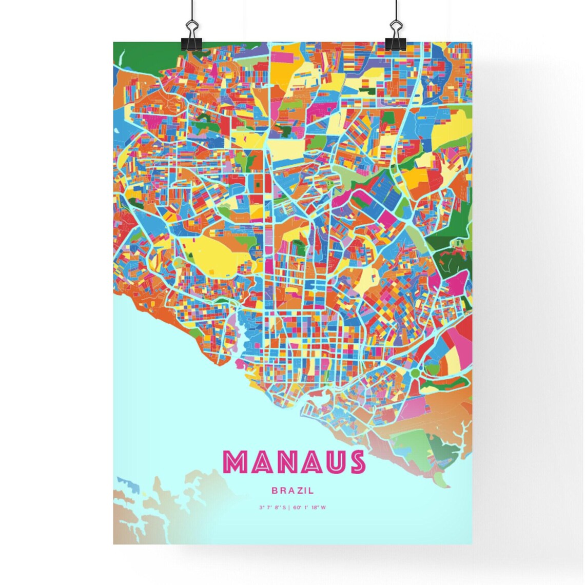 Manaus Brazil Modern Crazy Colorful Mosaic City Map Art Poster - Image 3