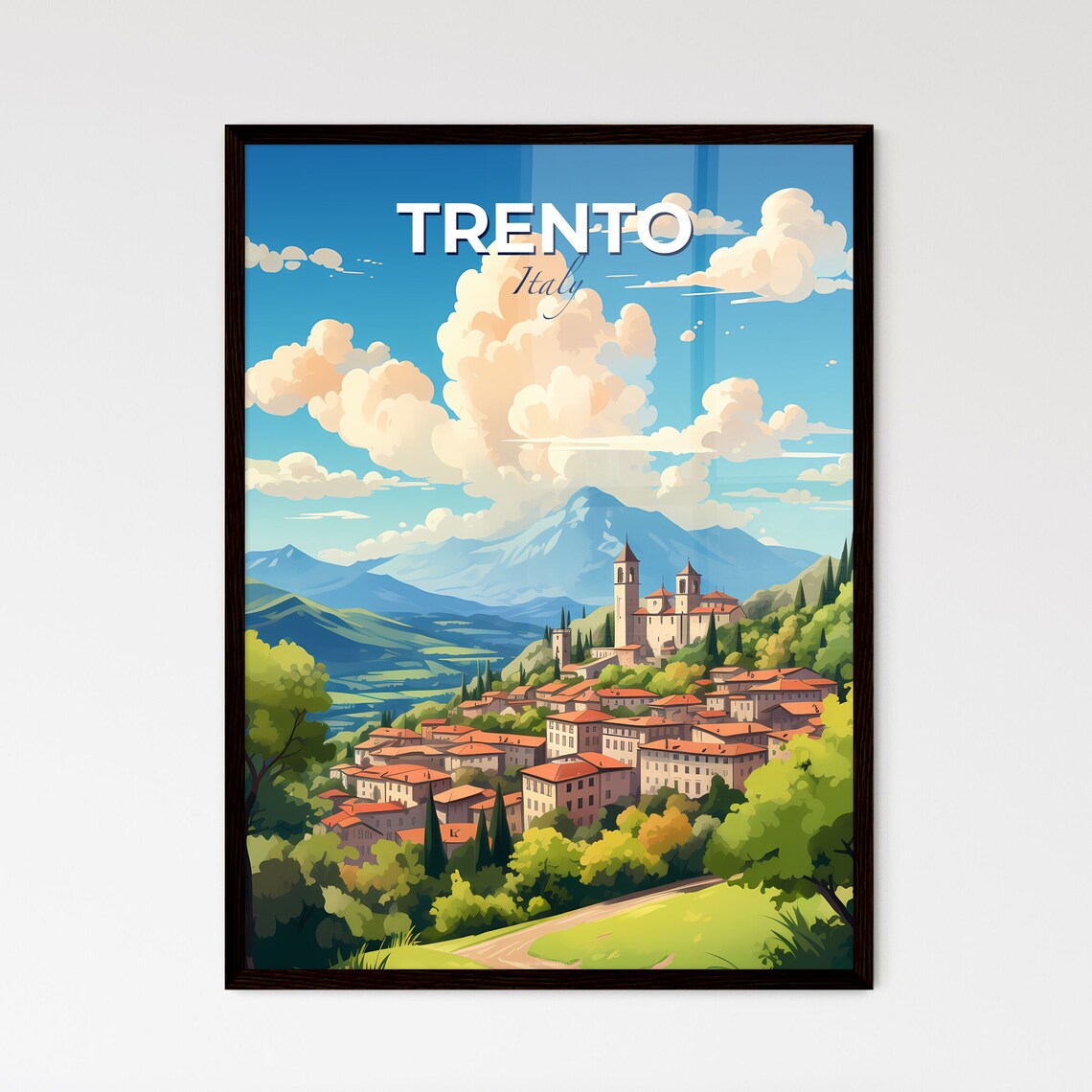 Trento Italy Travel Poster Alpine Town Illustration Mountain Skyline Art