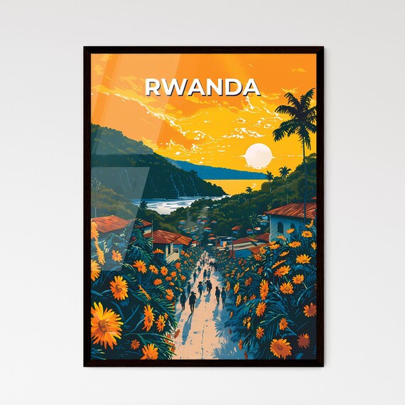 Rwanda Village Street Flower Lined Sunset Lake Vintage Travel Poster