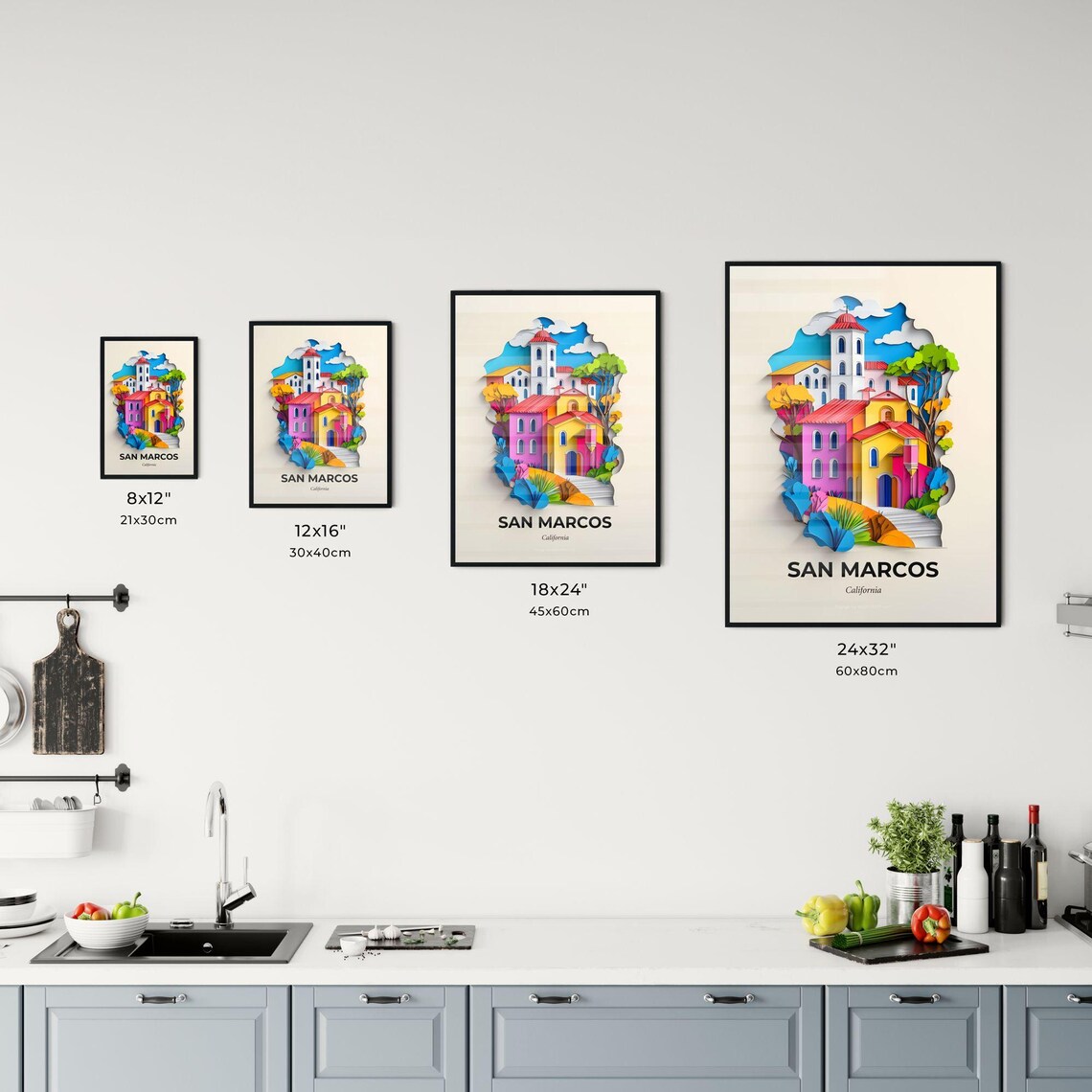 San Marcos California Colorful Paper Cut Mission Town Travel Poster - Image 3
