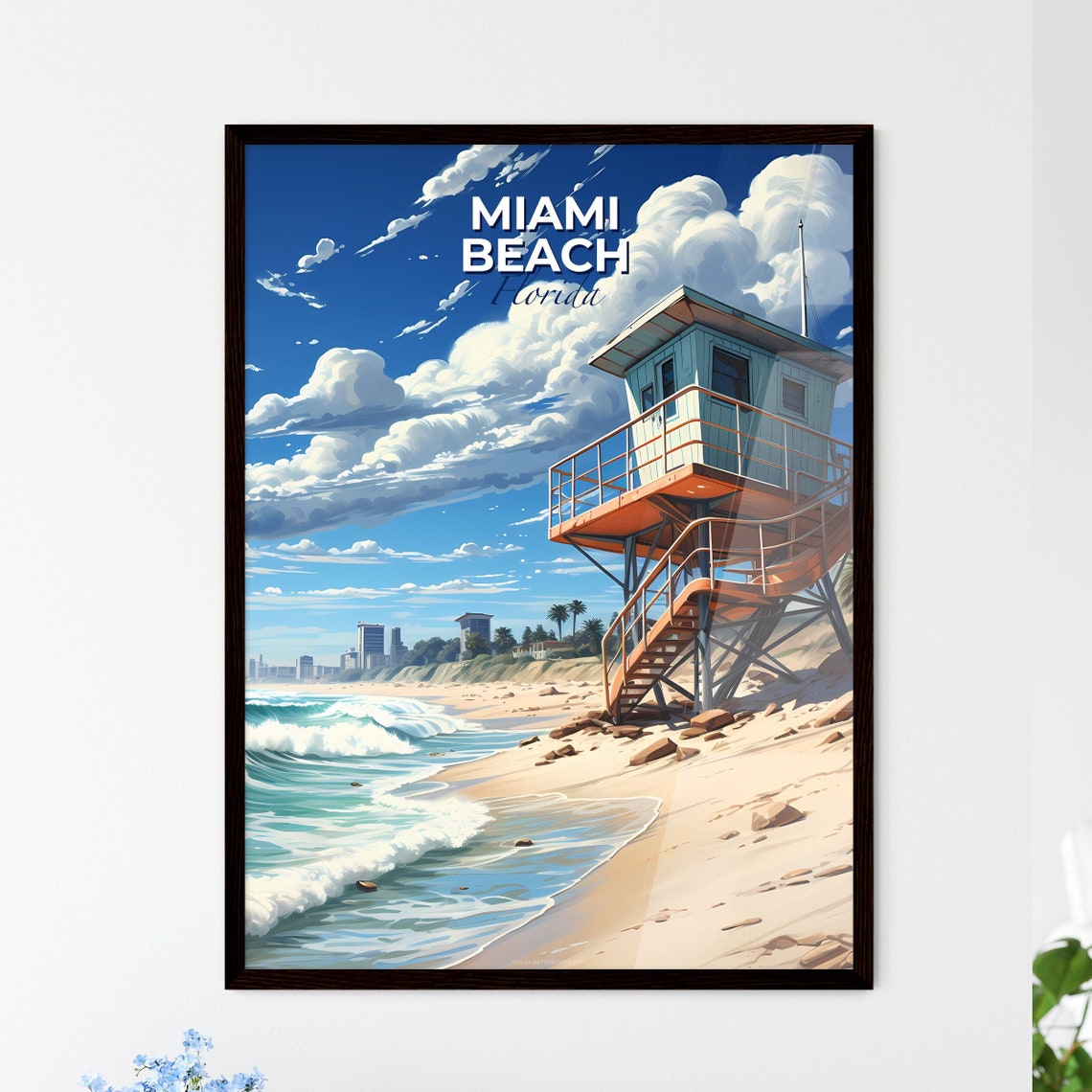 Miami Beach Florida Lifeguard Tower Ocean Waves Sand Art Poster