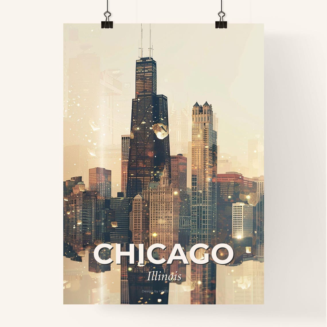 Chicago Illinois Downtown Skyline Towers Golden Sunset Art Poster - Image 4