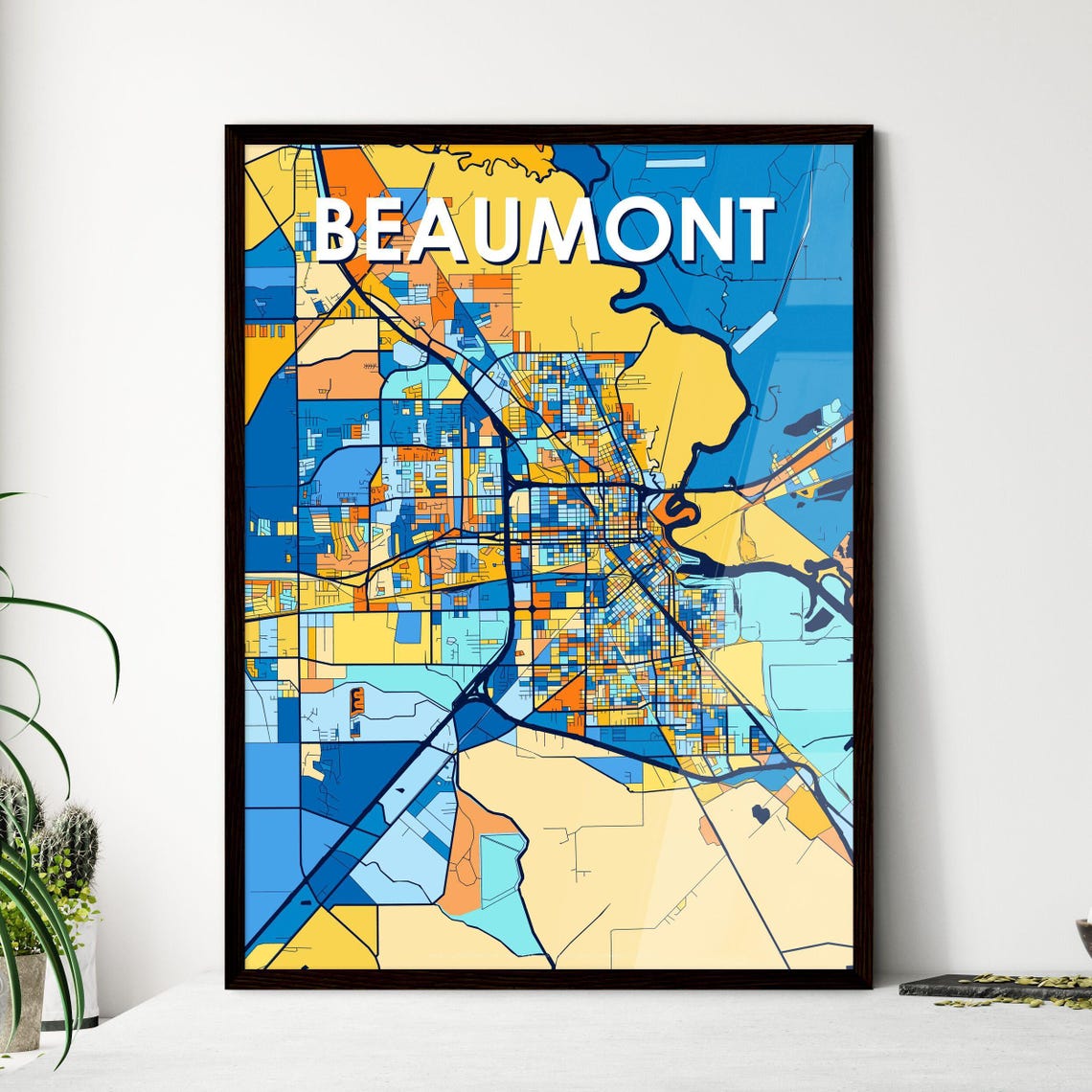 Beaumont Texas Vibrant Stylized Blue and Orange City Map Poster