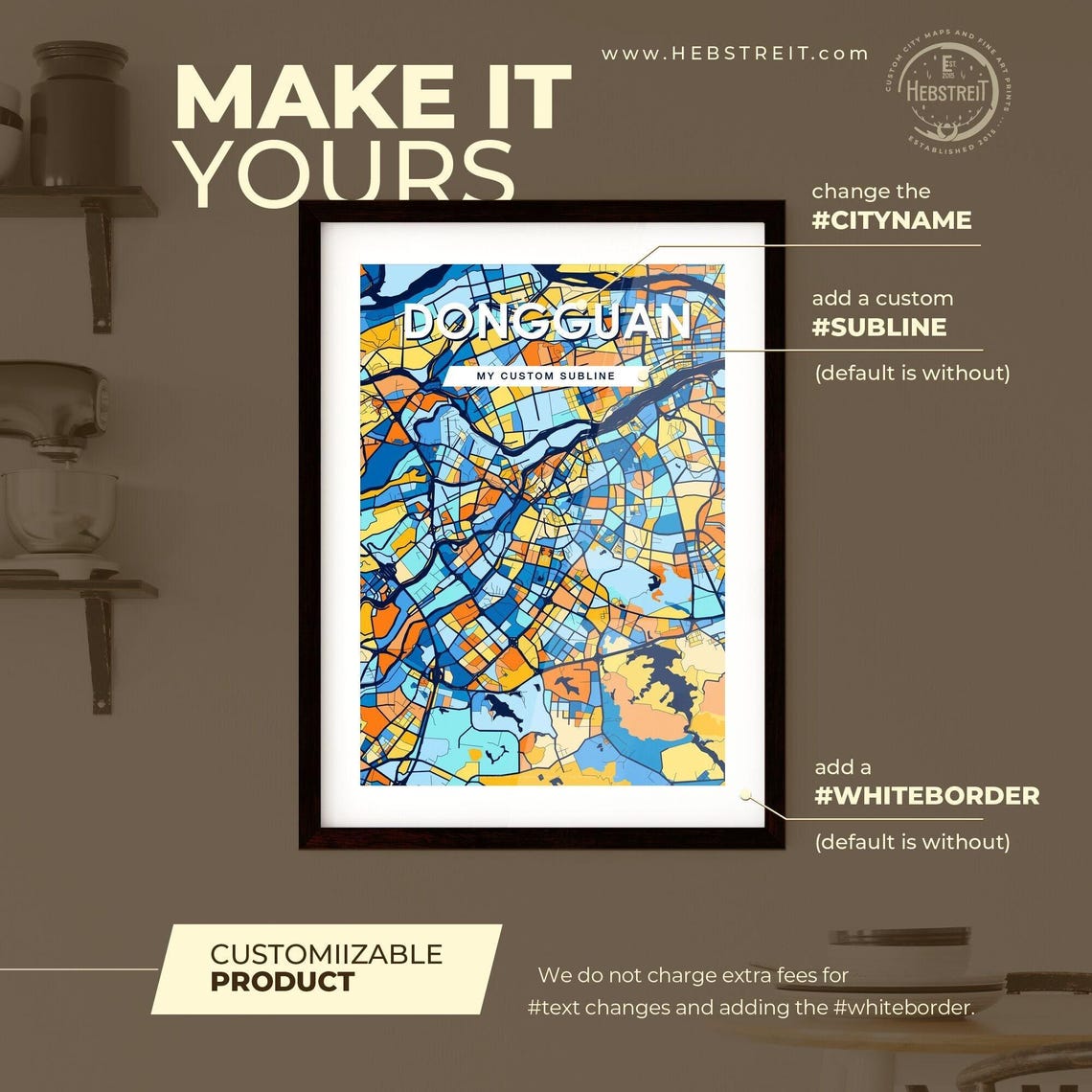 Dongguan China Bold City Map Art Poster in Navy Orange and Yellow - Image 2