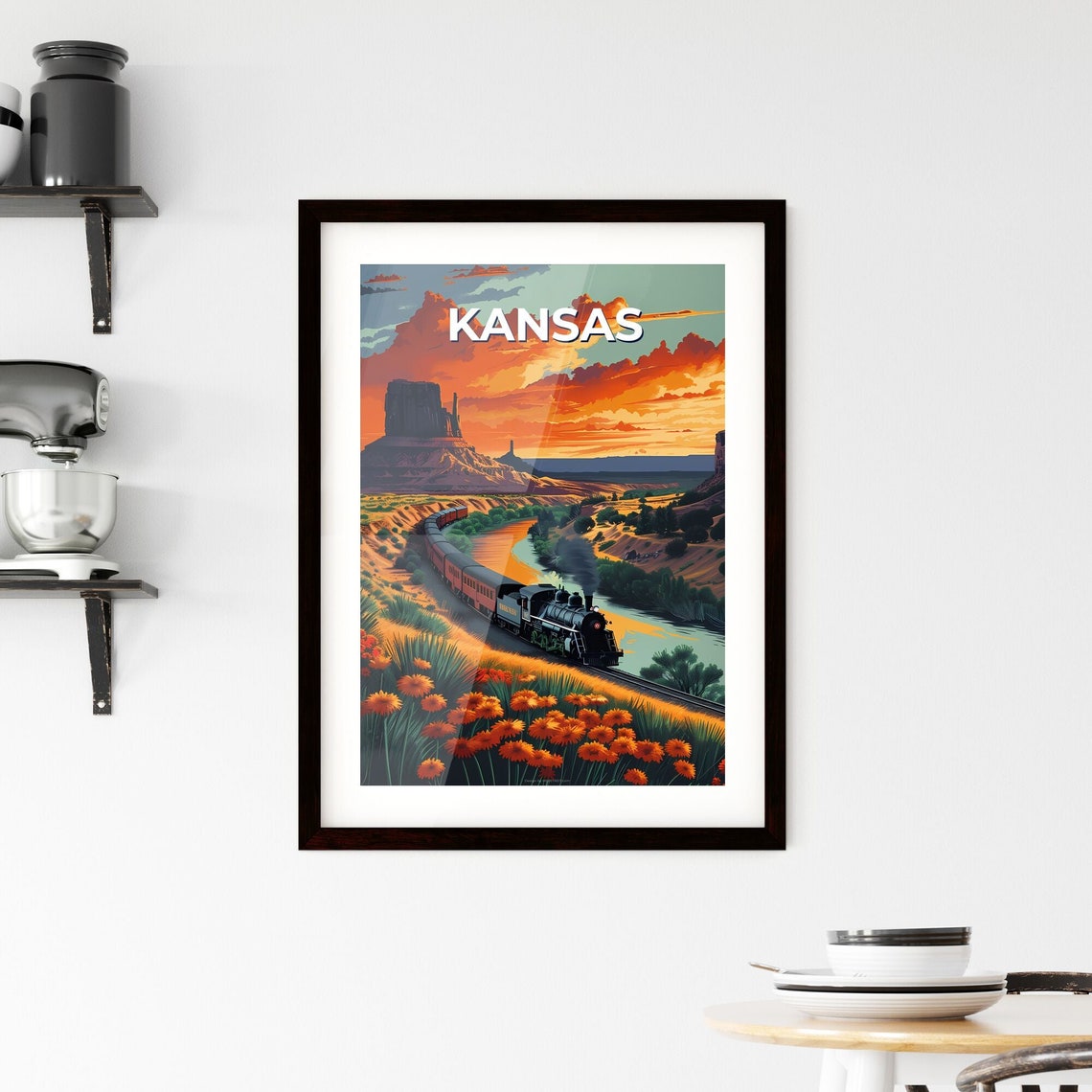 Kansas Steam Train Sunset River Valley Mesa Wildflower Poster - Image 2