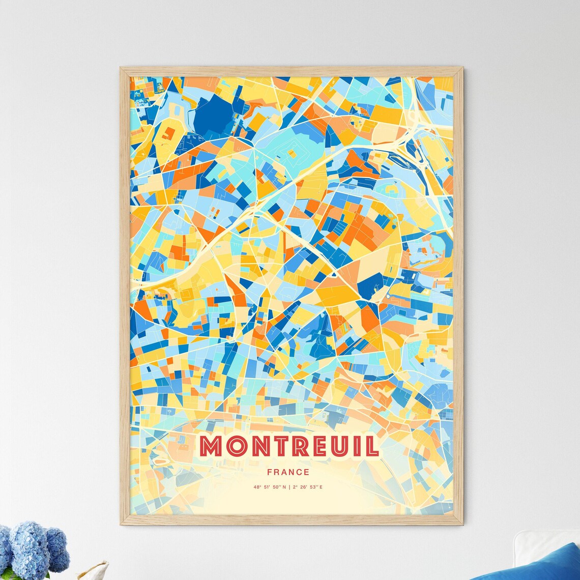Colorful Blue and Orange Montreuil France Street Map Art City Poster