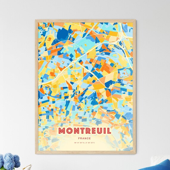 Colorful Blue and Orange Montreuil France Street Map Art City Poster