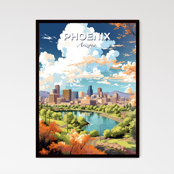 Phoenix Arizona Downtown Skyline River Vintage Travel Poster