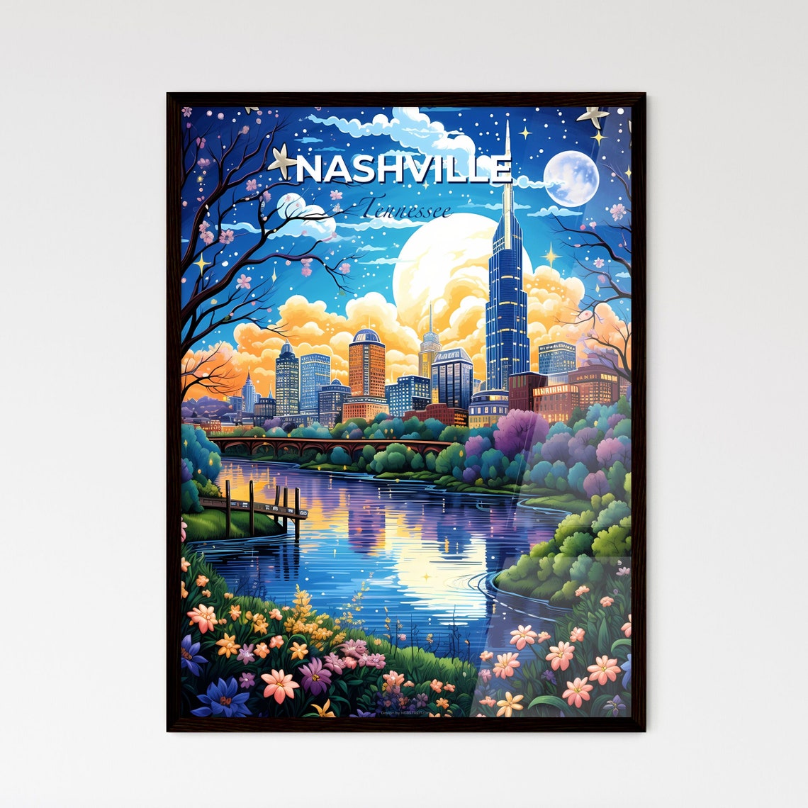 Nashville Tennessee Night Skyline Moon River Music City Poster