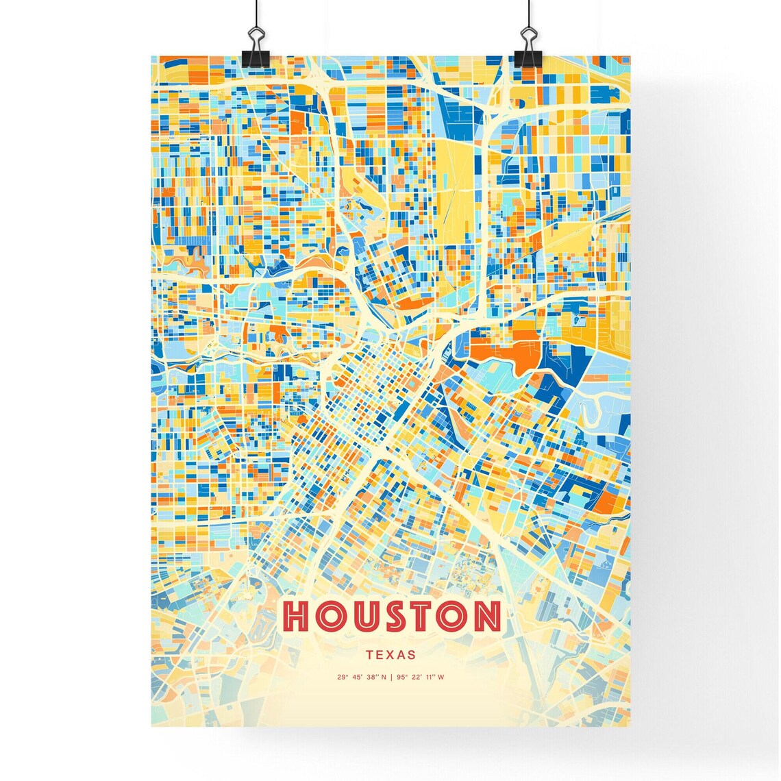 Houston Texas Bold Blue Orange Abstract City Street Map Art Poster - Image 3