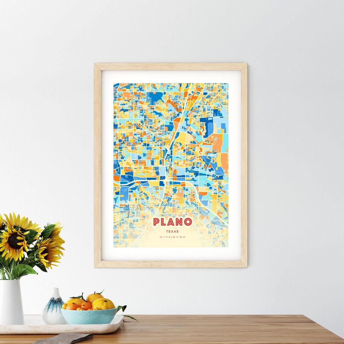 Plano Texas Colorful Blue Orange City Street Map Coordinates Poster - Image 2