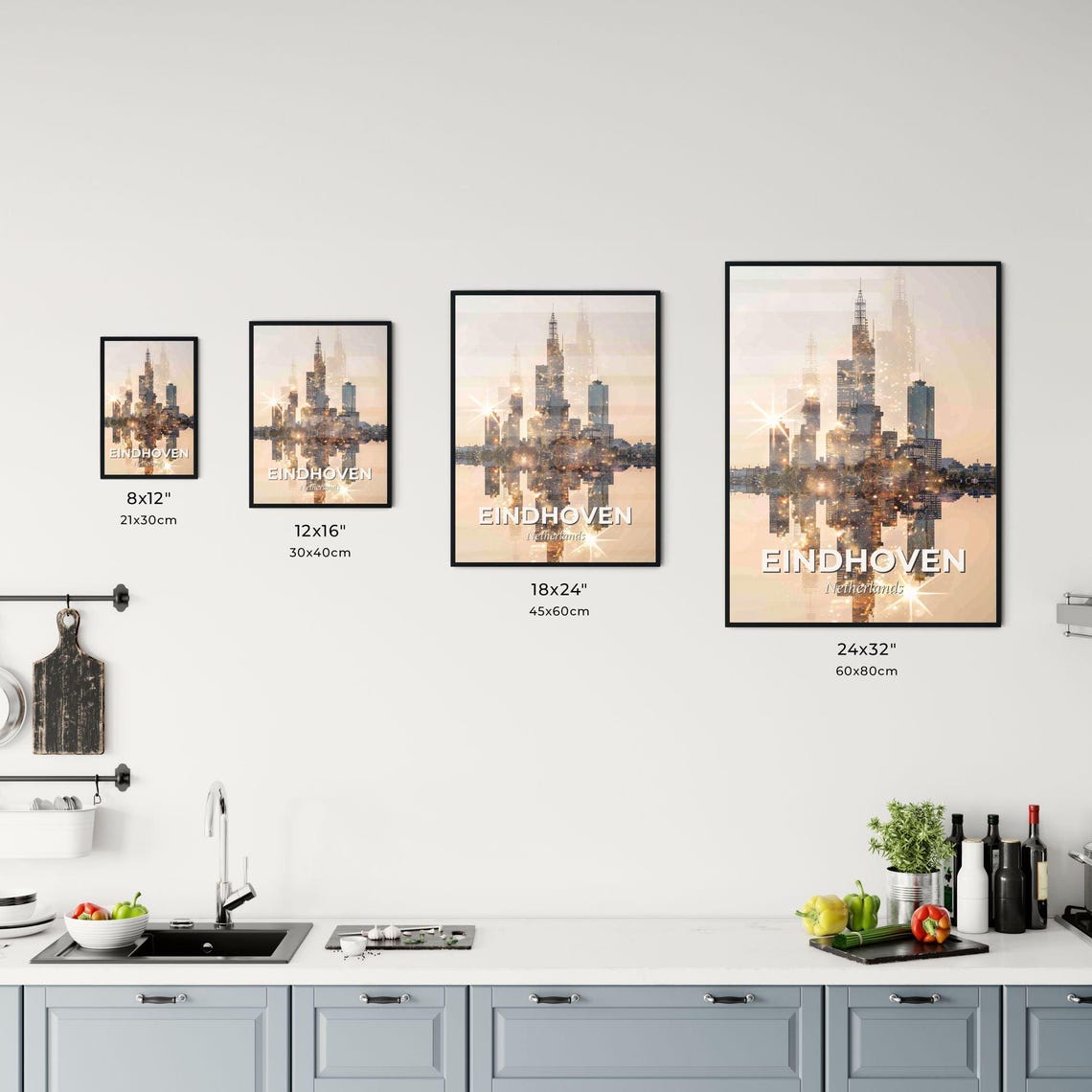 Eindhoven Netherlands Modern Towers Mirrored Golden Skyline Poster - Image 3