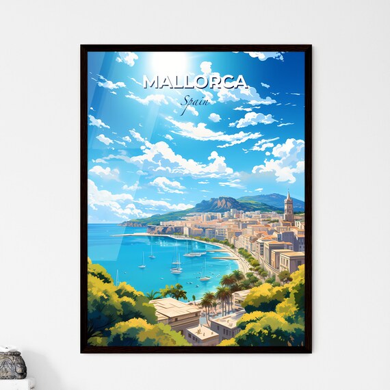 Mallorca Spain Sunny Bay Sailboats Coastal Town Beach Poster
