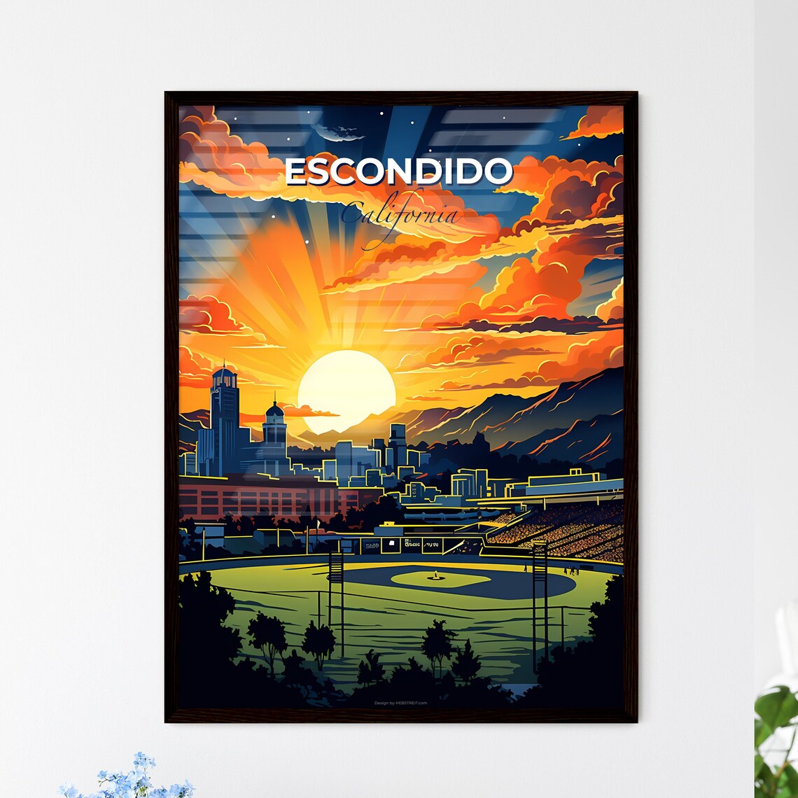 Escondido California Ballpark Sunset Skyline Vintage Travel Poster