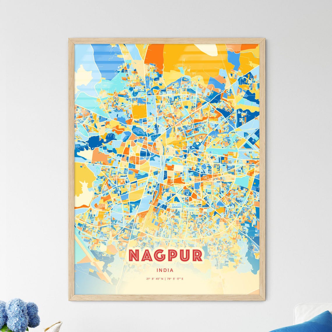 Nagpur India Blue Orange City Map With Coordinates Street Art Poster