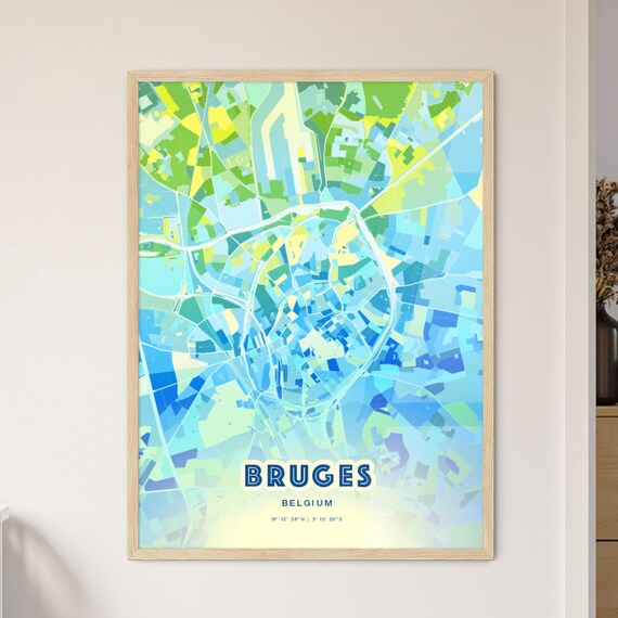 Bruges Belgium Custom Blue Green City Map Art Poster Travel Decor Gift