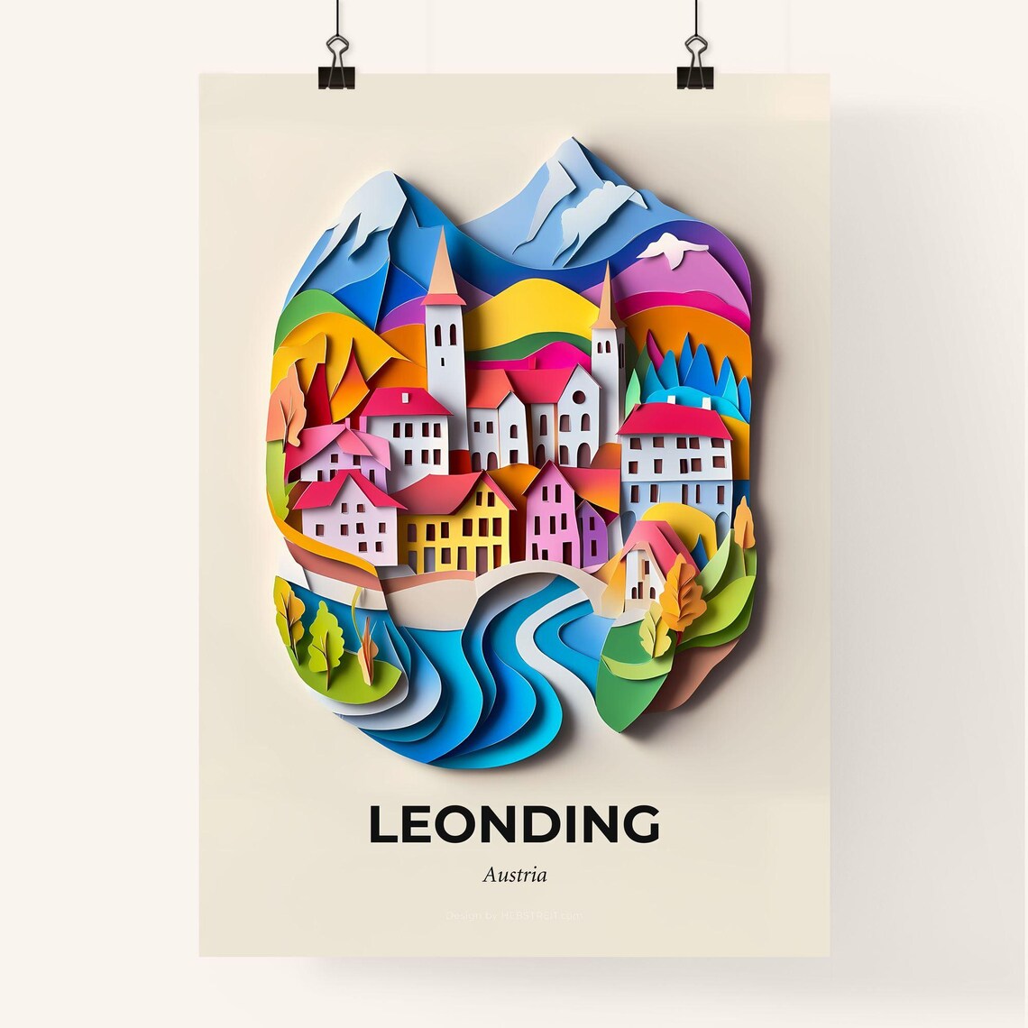 Leonding Austria Colorful Riverside Village 3D Paper Cut Art Poster - Image 4