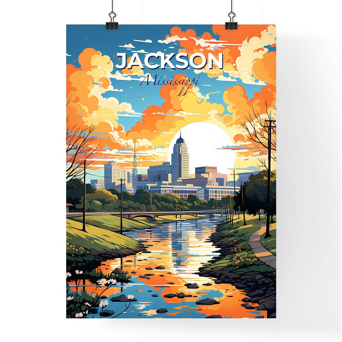 Jackson Mississippi River Sunset Travel Poster Skyline City Art - Image 4