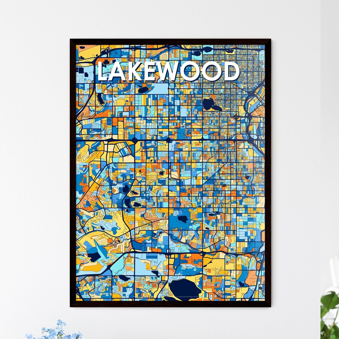 Lakewood Colorado Vibrant Stylized Blue and Orange City Map Poster