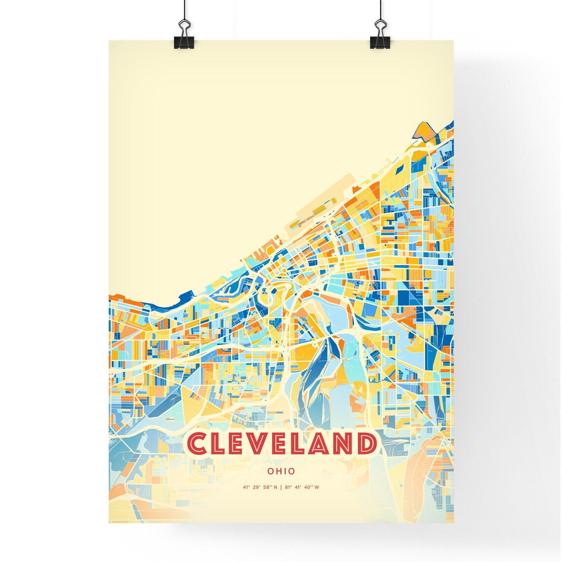 Cleveland Ohio Colorful City Map Blue Orange Blocks Art Poster - Image 3