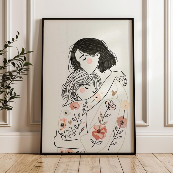 Mother Kissing Daughter Floral Line Art Mothers Day Portrait Poster