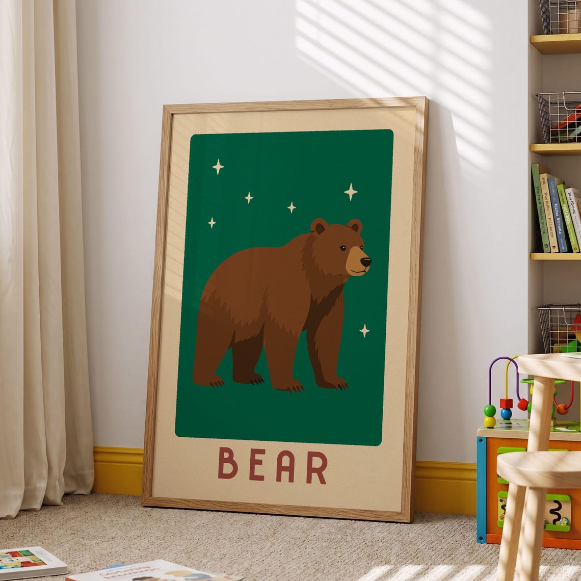 Retro Brown Bear Standing Green Forest Animal Nursery Poster