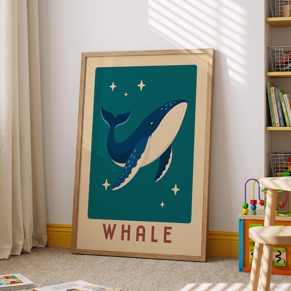 Navy Whale Cute Retro Ocean Nursery Kids Room Decor Wall Art