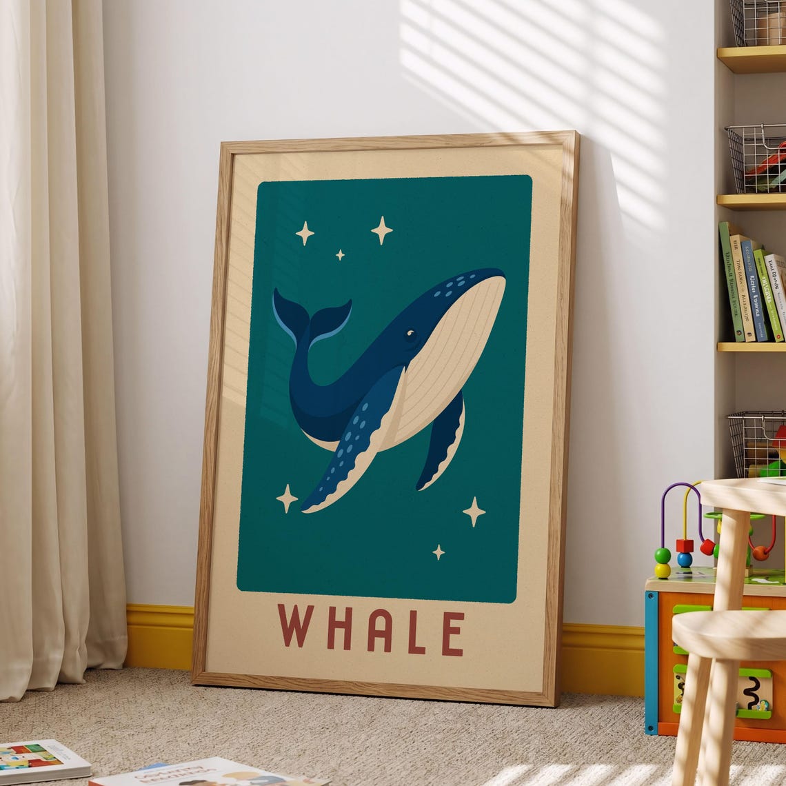 Navy Whale Cute Retro Ocean Nursery Kids Room Decor Wall Art
