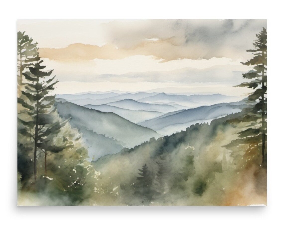 Smoky Mountains Watercolor Art Print, Appalachian Landscape