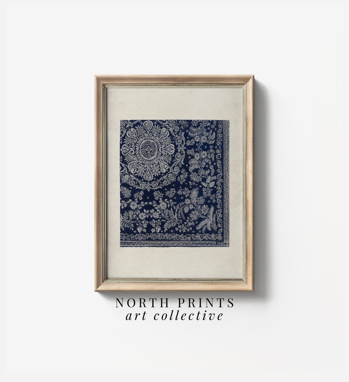 Vintage Dark Blue Tapestry Art White Floral Medallion Pattern Poster