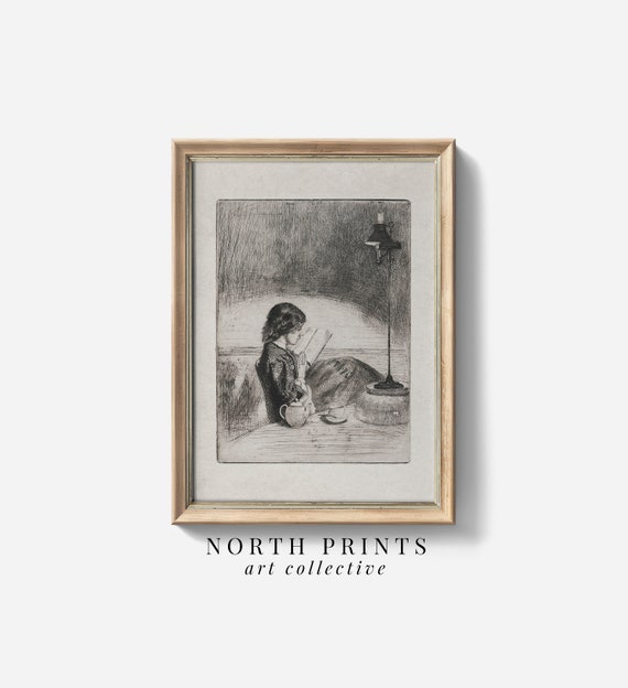 Book Lover Antique Portrait Sketch Reading And Tea Lover Wall Art North Prints W 163