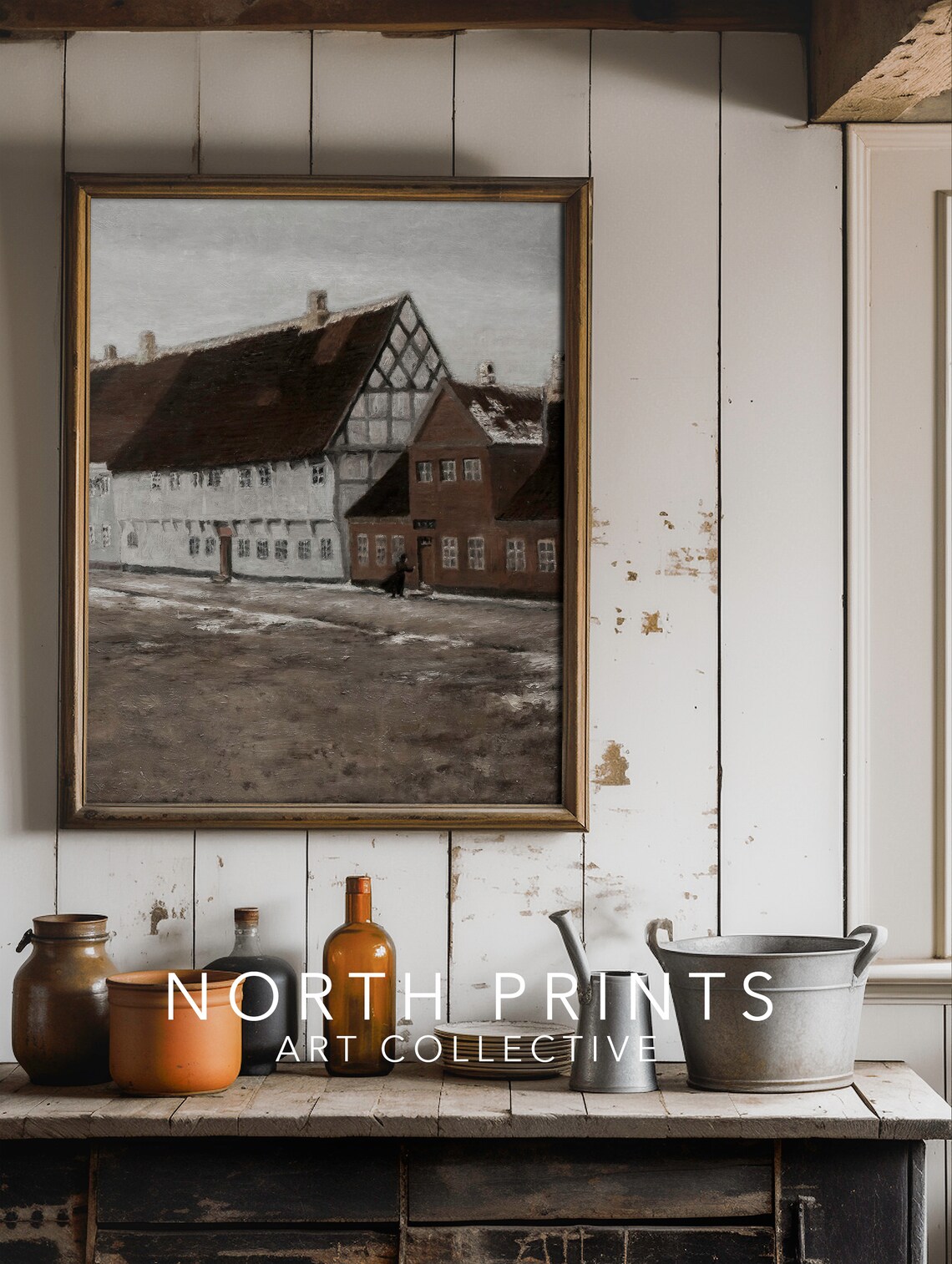 Moody Winter Village Street Snow Old Houses Vintage Painting Poster - Image 3