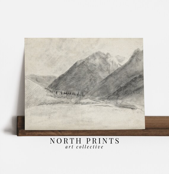 Rustic Neutral Mountain Sketch Vintage Landscape Drawing Wall Decor North Prints Sk1 19