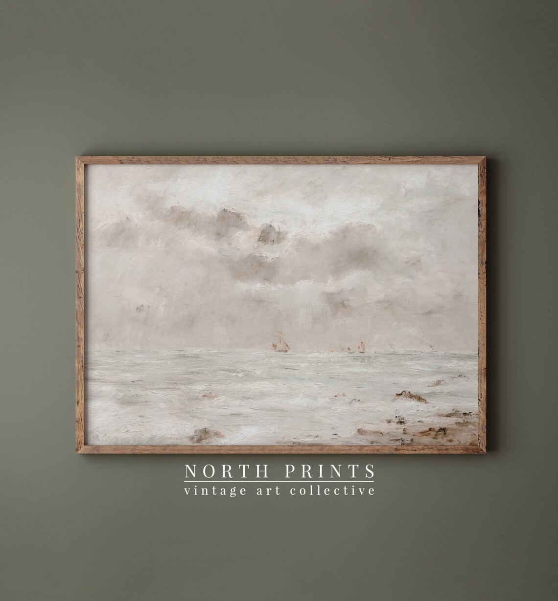 Muted Foamy Shoreline Distant Sailboat Vintage Seascape Painting Poster - Image 4