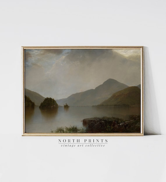 Dark Moody Lake House Poster, Antique Lake Painting