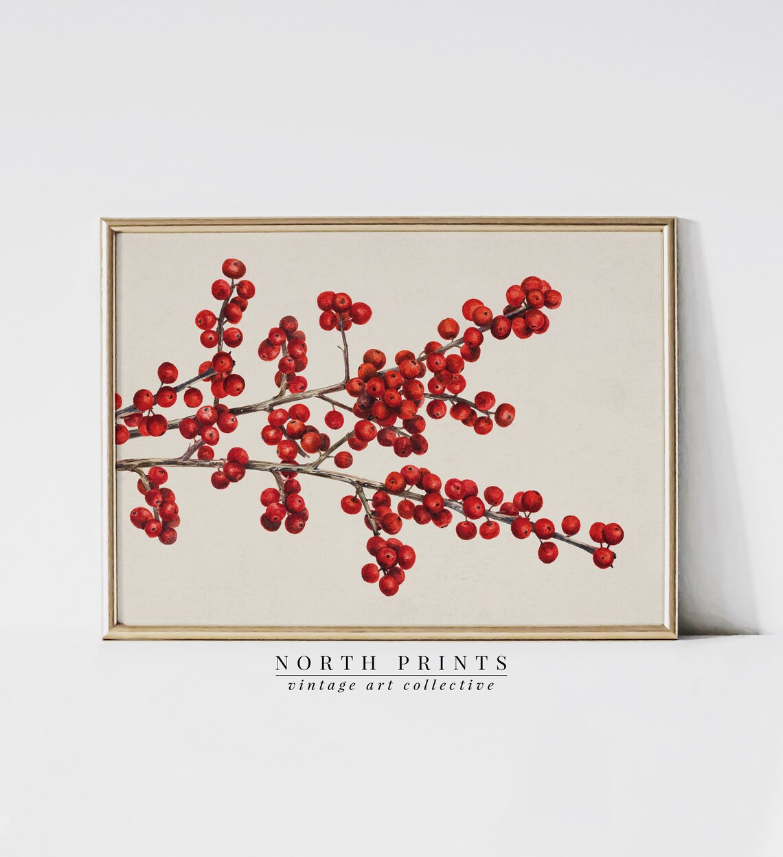 Vintage Winter Berry Branch Art Print, Farmhouse Holiday