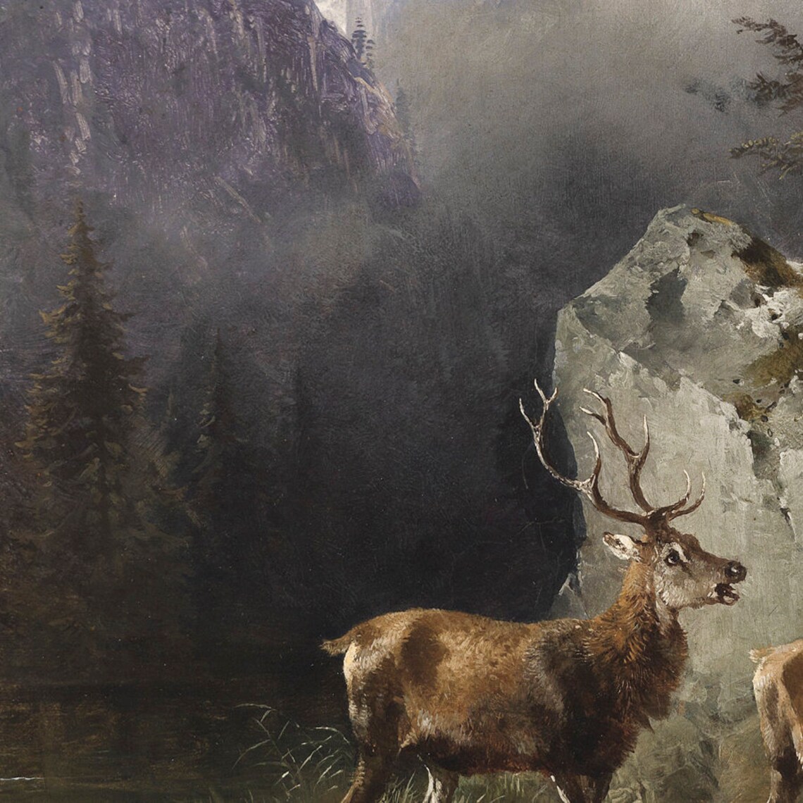 Rustic Deer Painting Vintage Landscape Art Print - Image 3