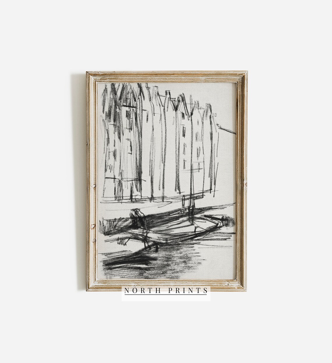 Minimalist Amsterdam Canal Houses Charcoal Sketch Cityscape Poster - Image 2