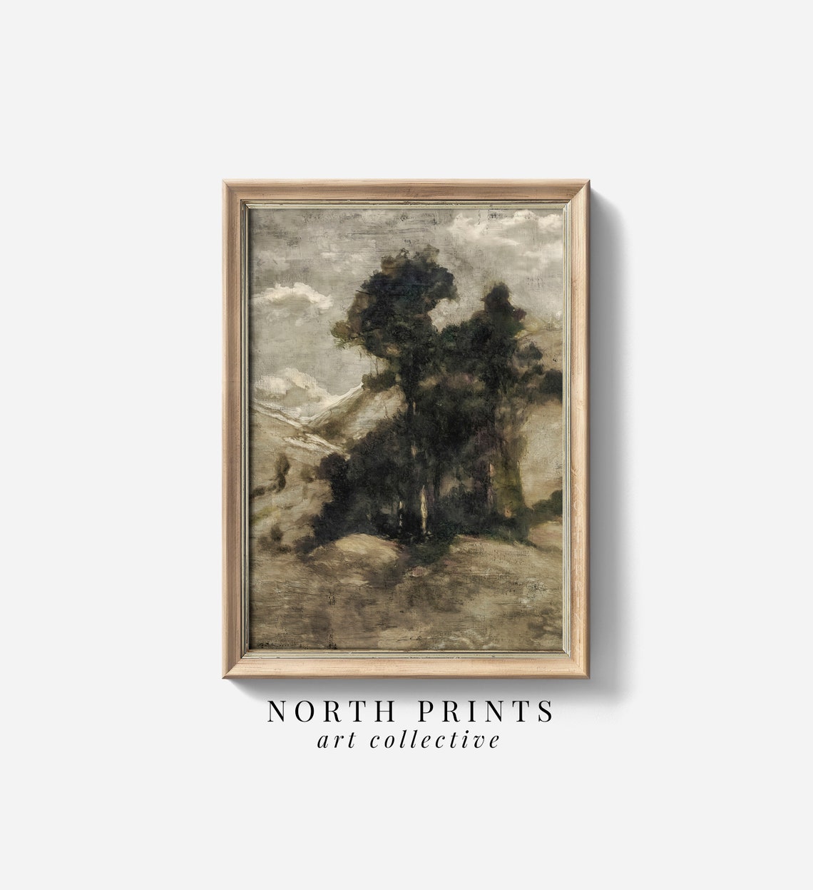 Moody Dark Tree Group Hillside Pale Overcast Sky Vintage Poster