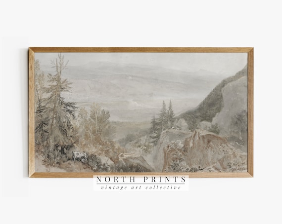 Vintage Muted Green Mountain Landscape Art Print