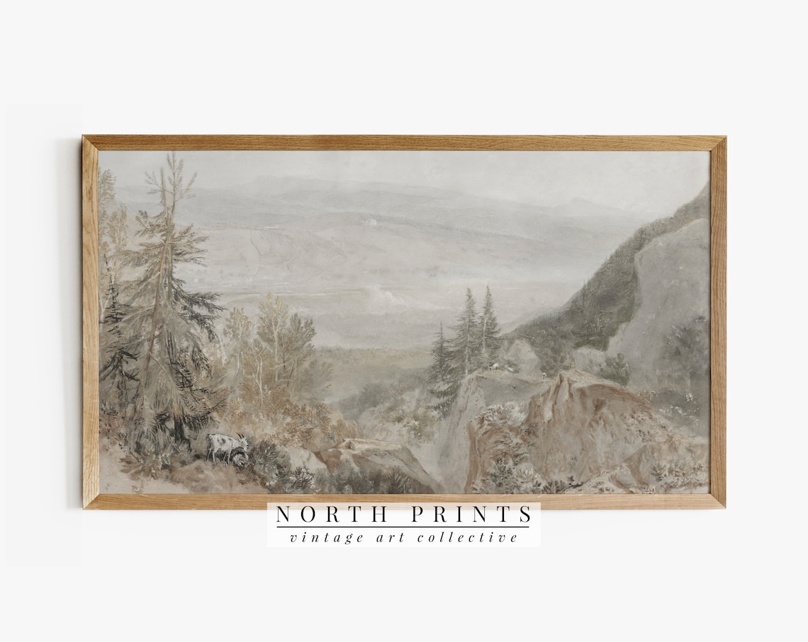 Vintage Muted Green Mountain Landscape Art Print