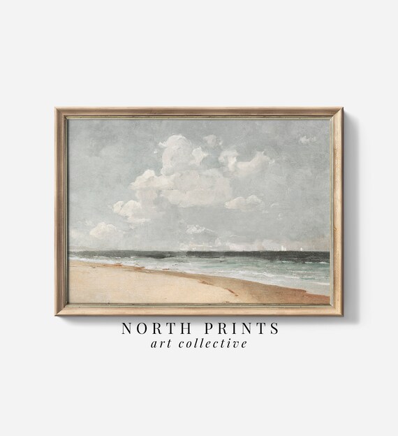 Vintage Beach Seascape Painting Sandy Shore Cloudy Sky Coastal Art Poster