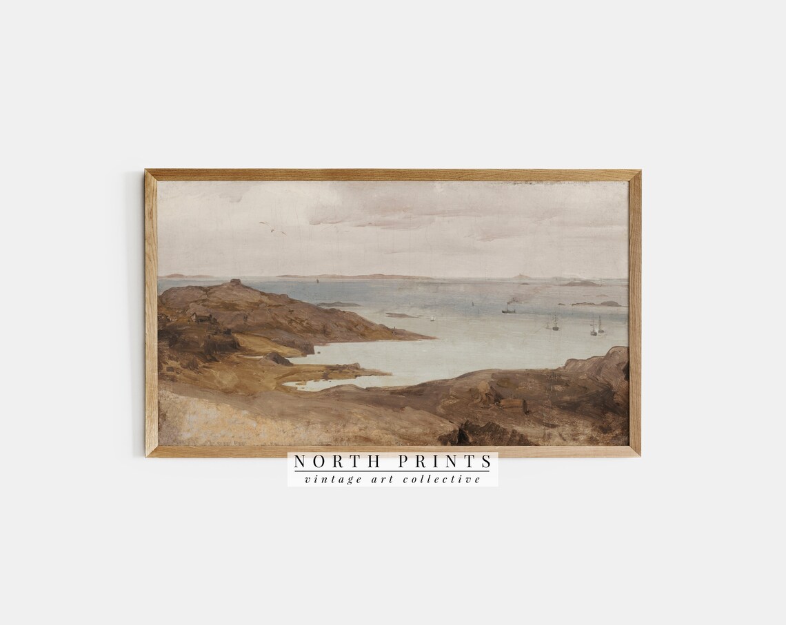 Rustic Coastal Headland Bay Boats Vintage Painting Muted Seaside Farmhouse Poster