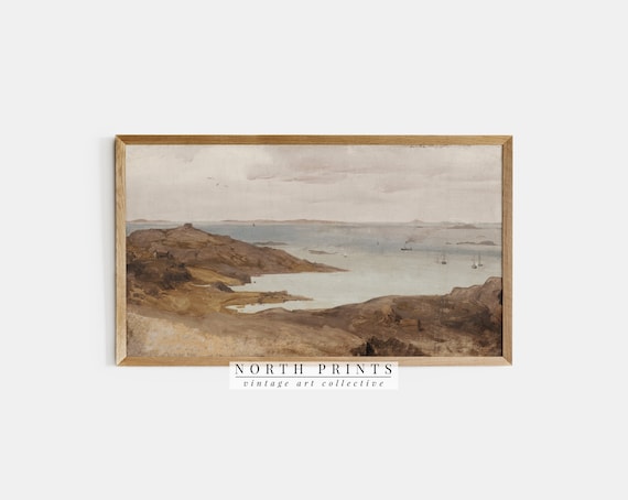 Rustic Coastal Headland Bay Boats Vintage Painting Muted Seaside Farmhouse Poster