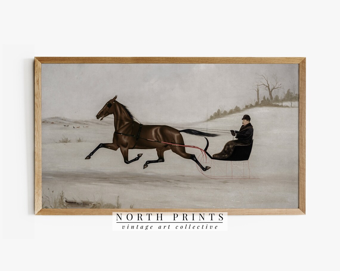 Vintage Trotting Horse One Horse Open Sleigh Snow Winter Art Poster