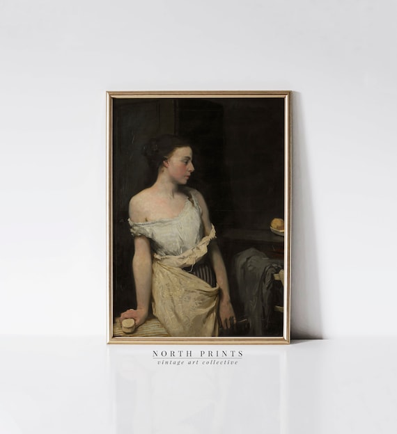 Moody Antique Woman Oil Portrait Dark Background Classical Vintage Print