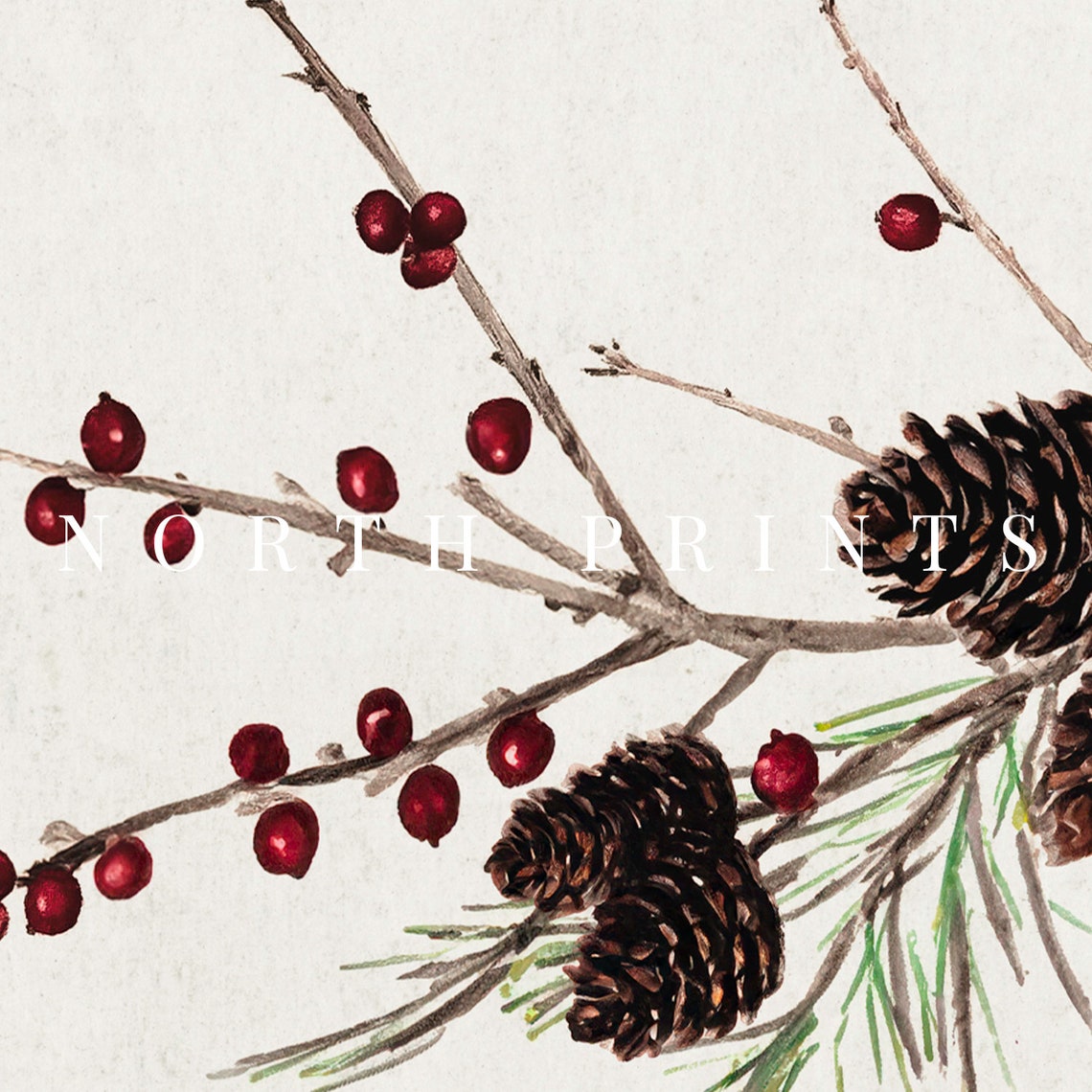 Winterberry Branches Pinecones Botanical Christmas Vintage Art Print - Image 2