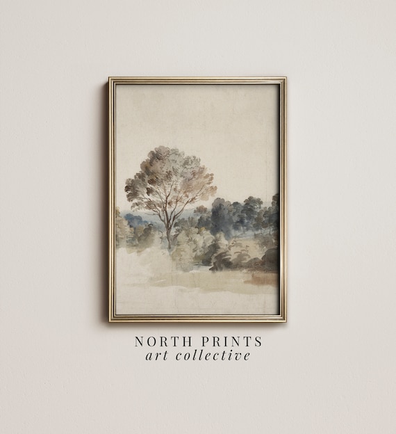 Muted Country Nature Landscape, Neutral Cottage Art Print