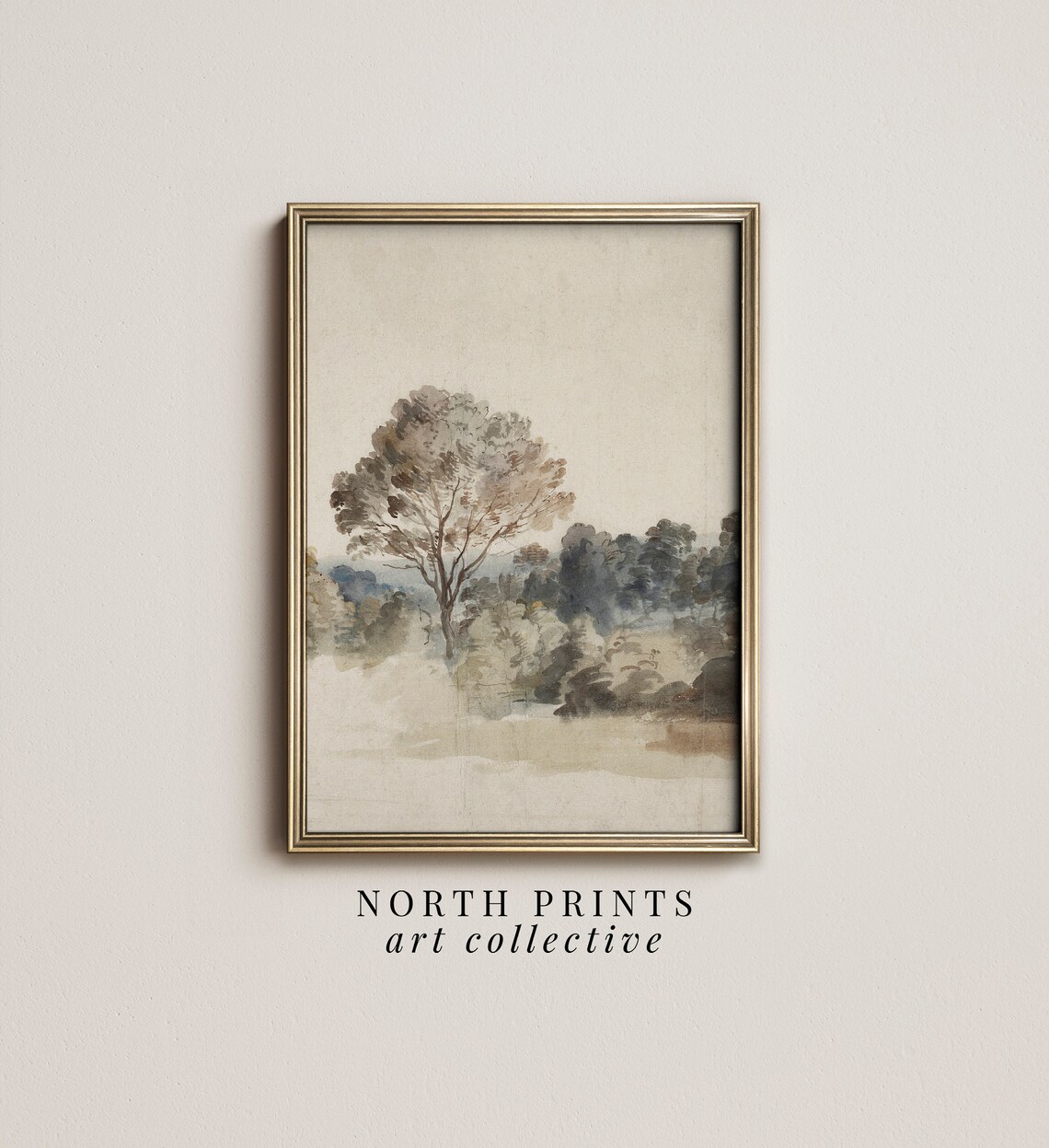 Muted Country Nature Landscape, Neutral Cottage Art Print