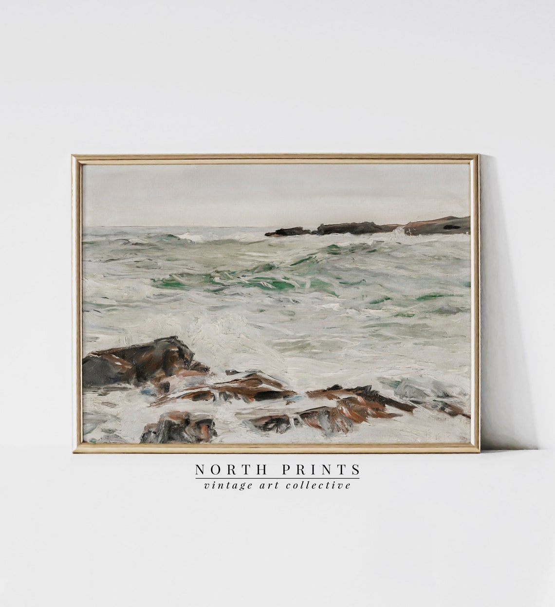 Muted Green Ocean Waves Rocky Shore Seascape Painting Poster
